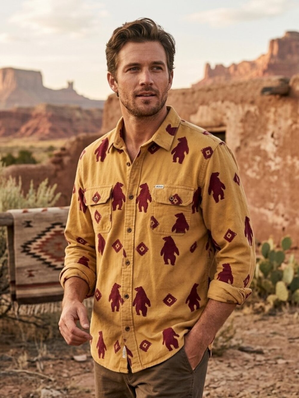 INSIGHT 90s Vintage Cotton Button-Up LS Shirt Aztec Bear Print Tan/Red Men's L